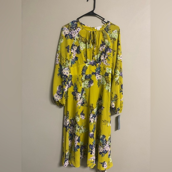 London Times Long Sleeve Tie Keyhole Midi Dress Size 4 New Yellow Floral - Picture 2 of 10